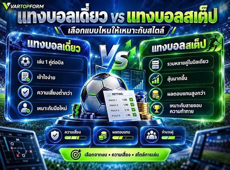 เปรียบเทียบแทงบอลเดี่ยวกับแทงบอลสเต็ป แสดงความแตกต่างด้านจำนวนคู่ ความเสี่ยง ผลตอบแทน และรูปแบบการเล่น